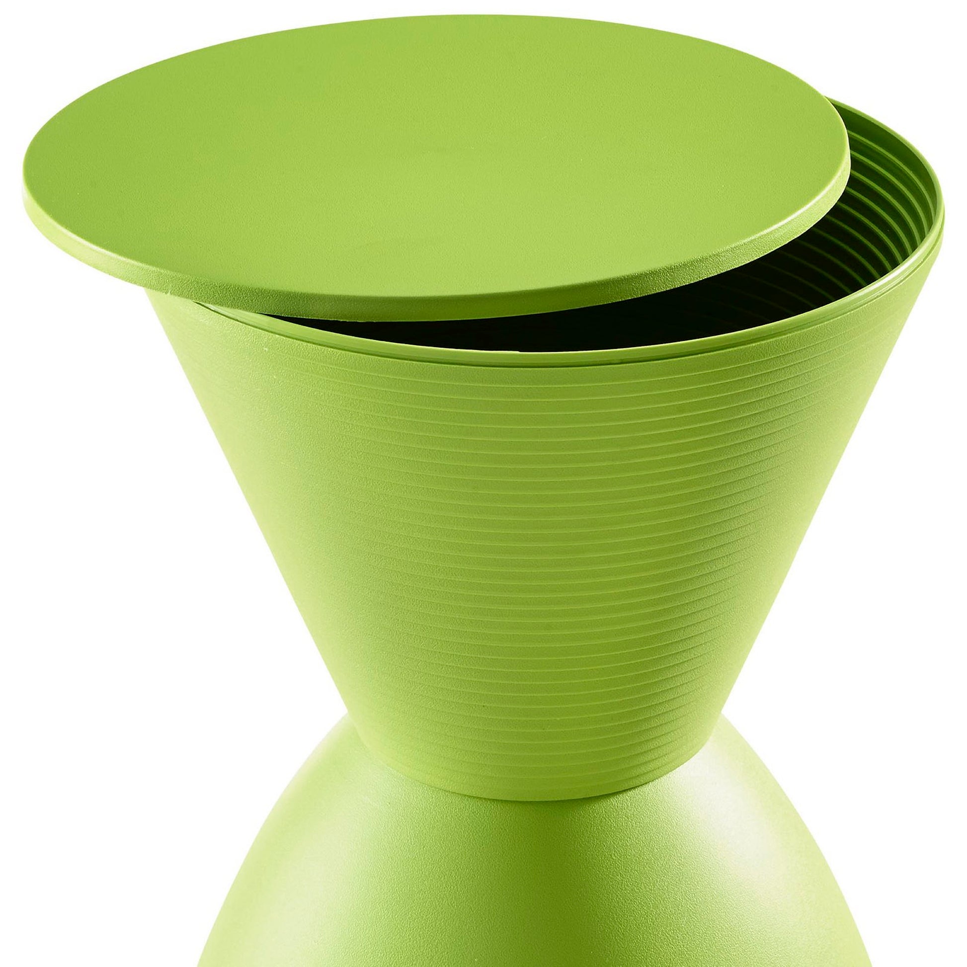 Lime green plastic hourglass-shaped storage bowl with ribbed sides and matching flat lid.