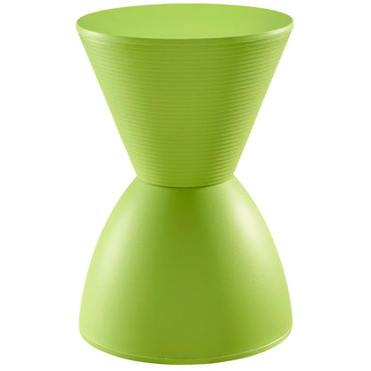 Lime green hourglass-shaped plastic stool with ribbed top bowl and smooth rounded base.