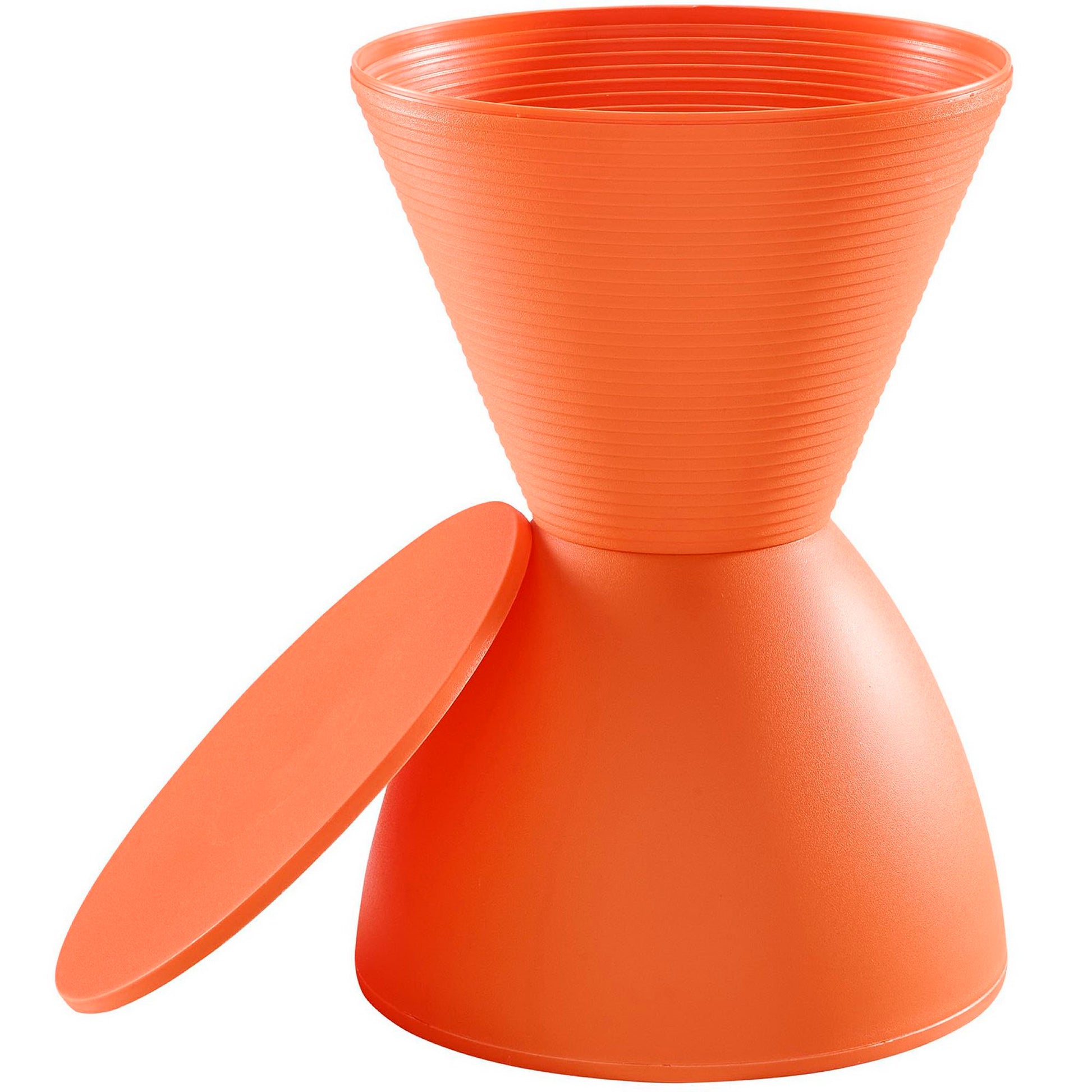 Orange backless stool with round seat and slim legs.