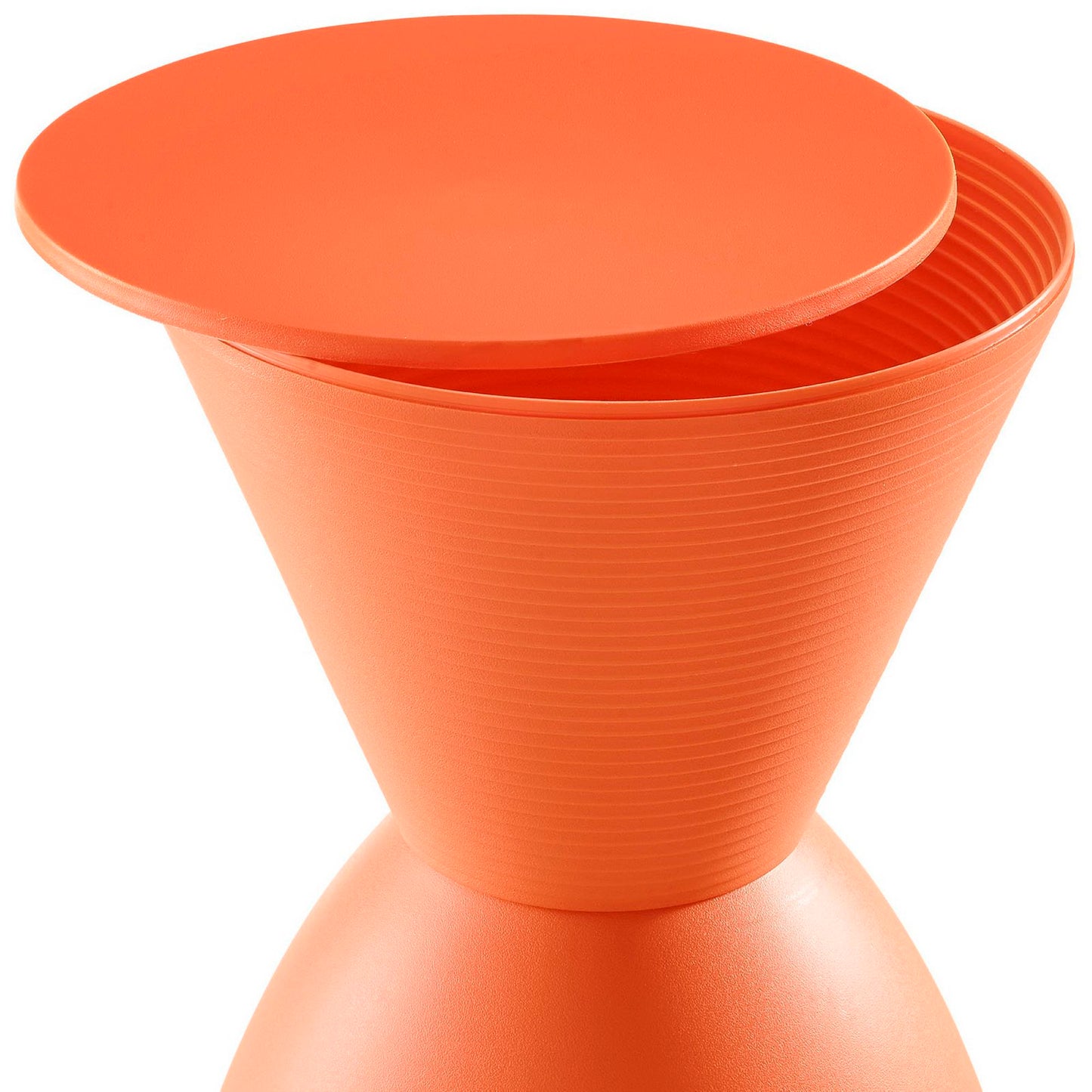 Orange silicone collapsible funnel with lid, ribbed conical design for easy pouring and compact storage.