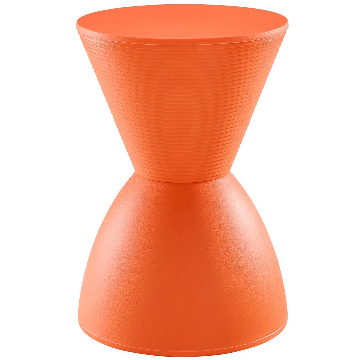 Orange hourglass-shaped plastic stool with ribbed upper cone and smooth lower cone, modern seating.