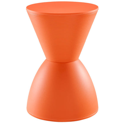 Orange hourglass-shaped plastic stool with ribbed upper cone and smooth lower cone, modern seating.