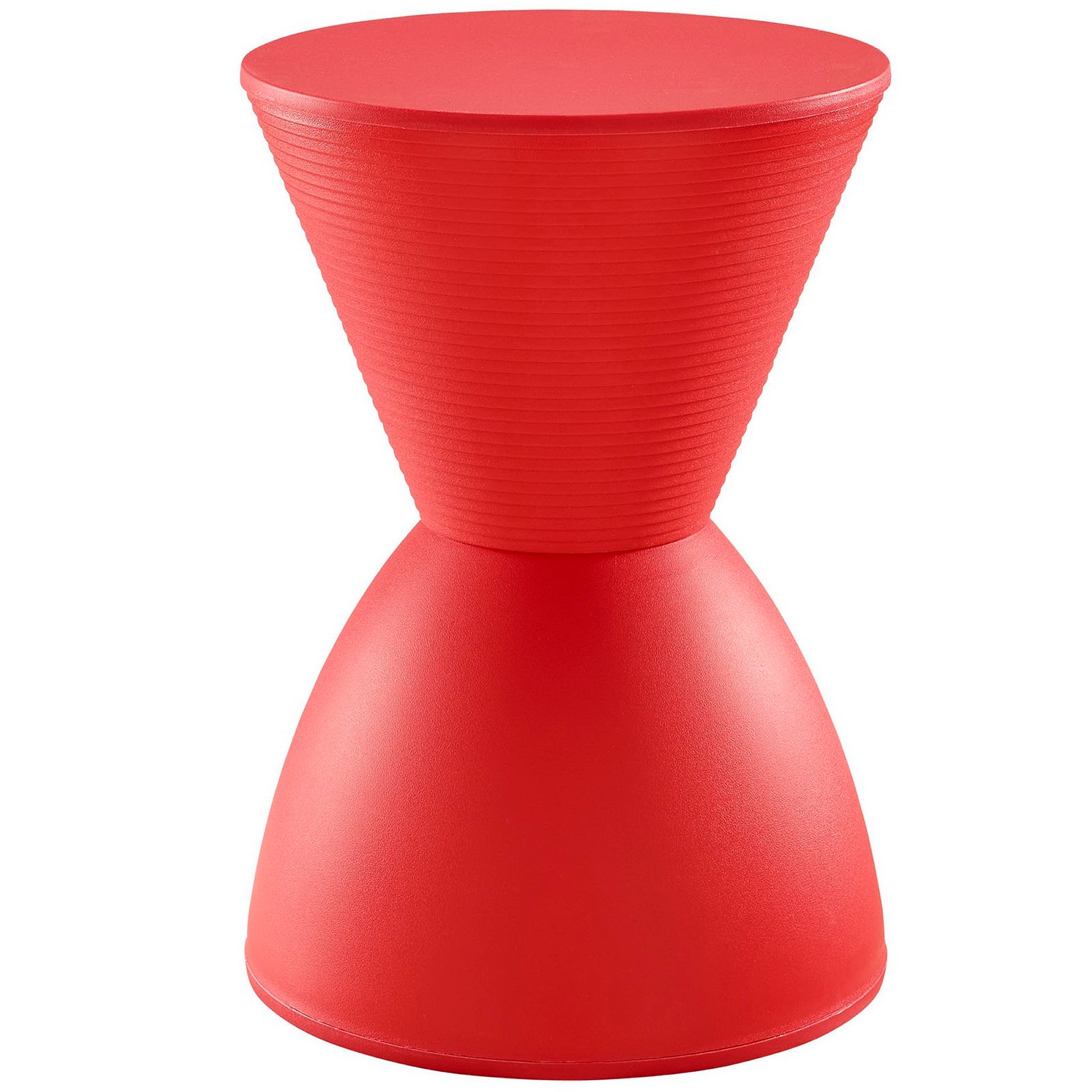 Red hourglass-shaped plastic stool with ridged top half and smooth bottom, modern compact seating.