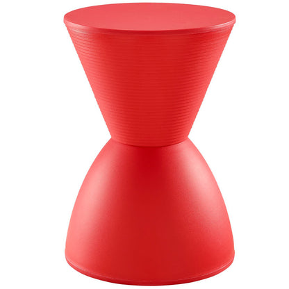 Red hourglass-shaped plastic stool with ridged top half and smooth bottom, modern compact seating.