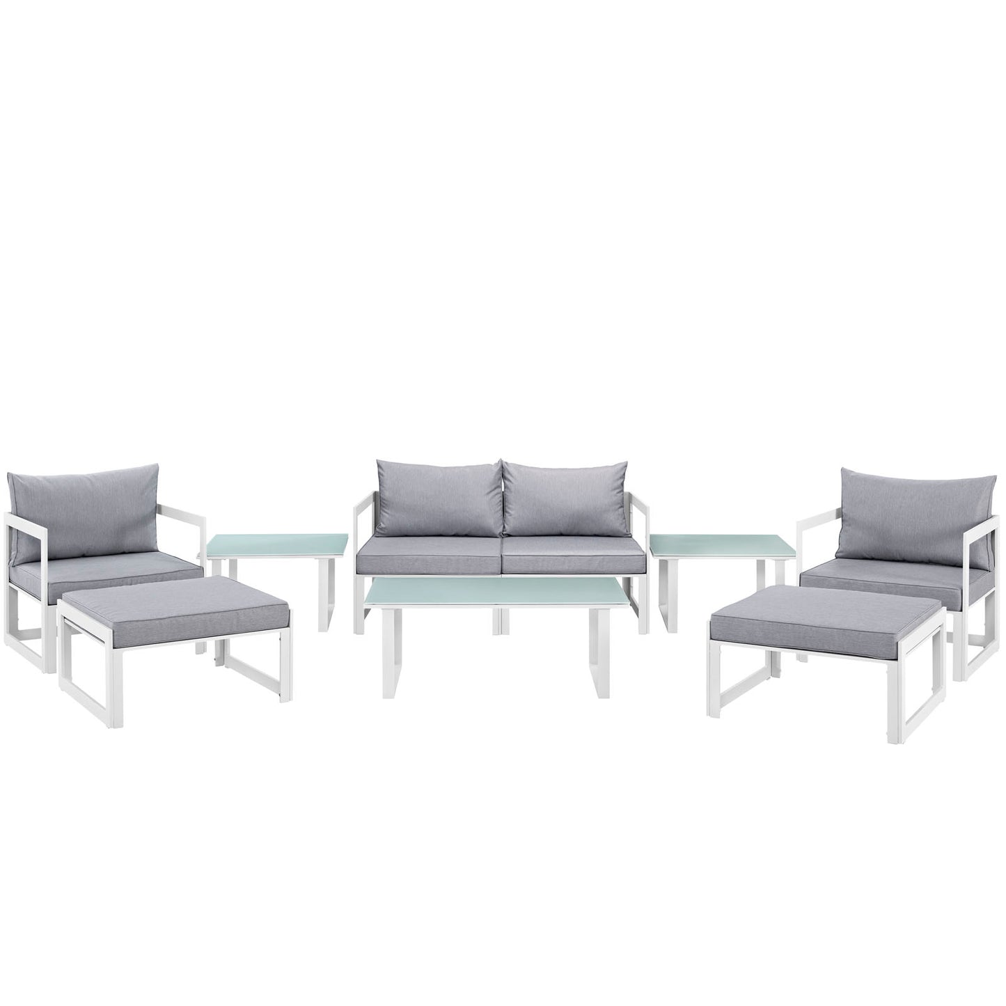 White-painted metal outdoor modular seating with grey cushions & glass-topped coffee & side tables
