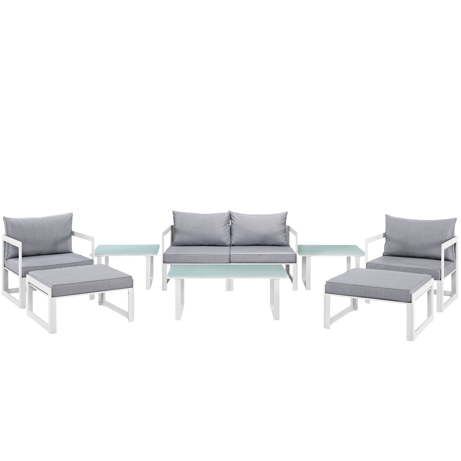 White-painted metal outdoor modular seating with grey cushions & glass-topped coffee & side tables