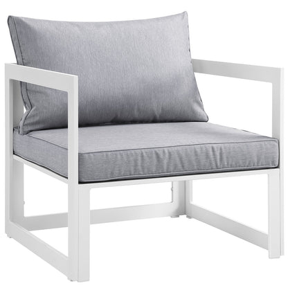 White metal-framed armchair with light gray cushions & modern square-frame outdoor/indoor lounge seating.