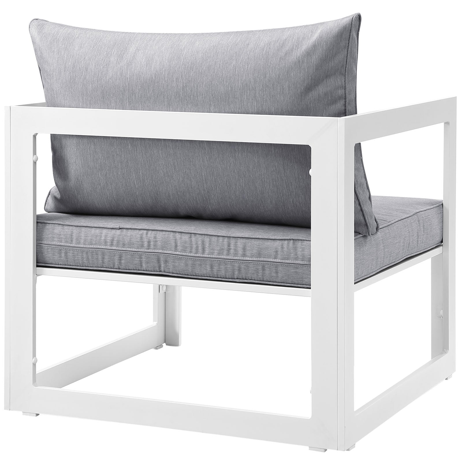 White and gray 9-piece outdoor patio sectional sofa set with boxy cushions; modern seating.