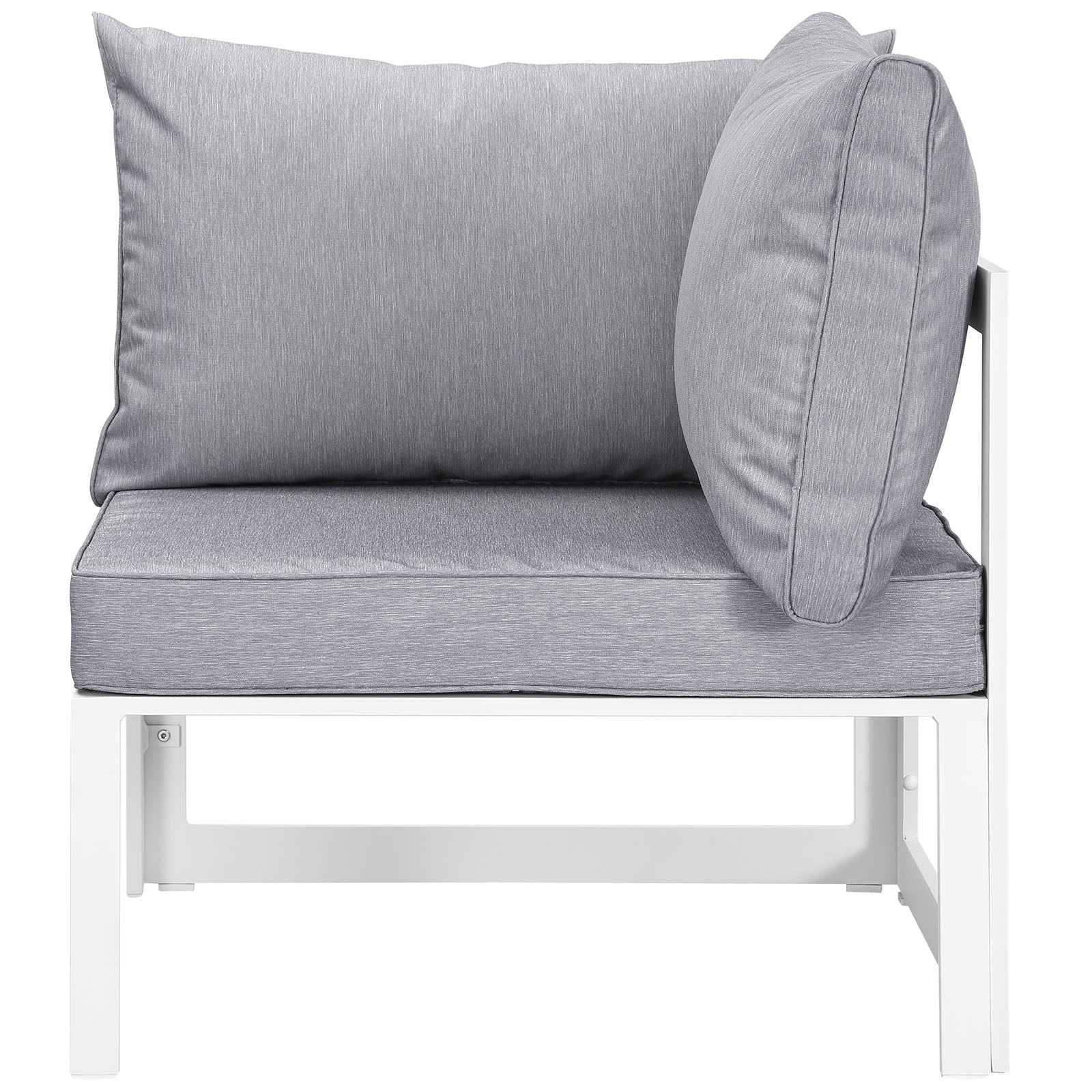 White and gray outdoor patio sectional sofa set with cushions; modular seating pieces and rectangular backrests.