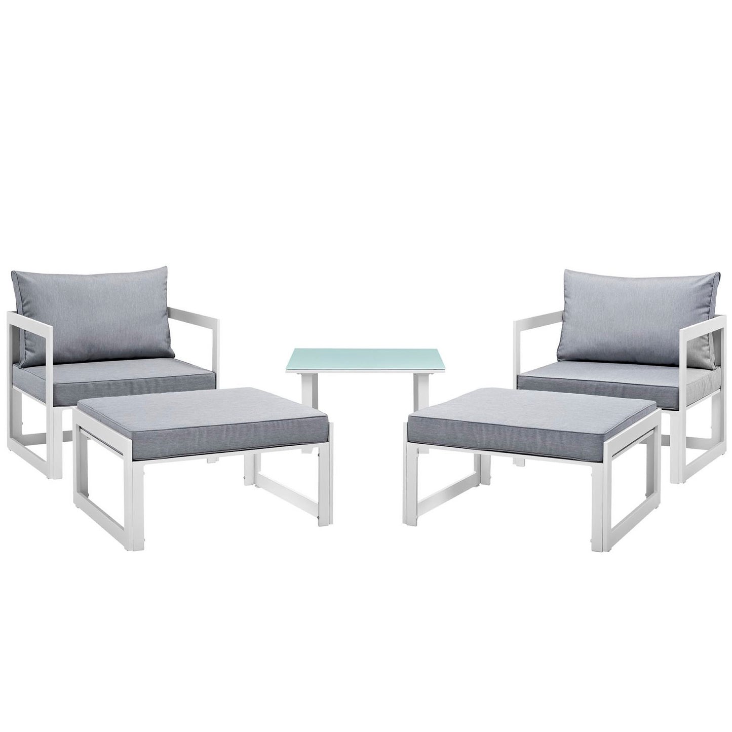 White metal outdoor patio sectional sofa set with light gray cushions and a pale blue glass-top table.