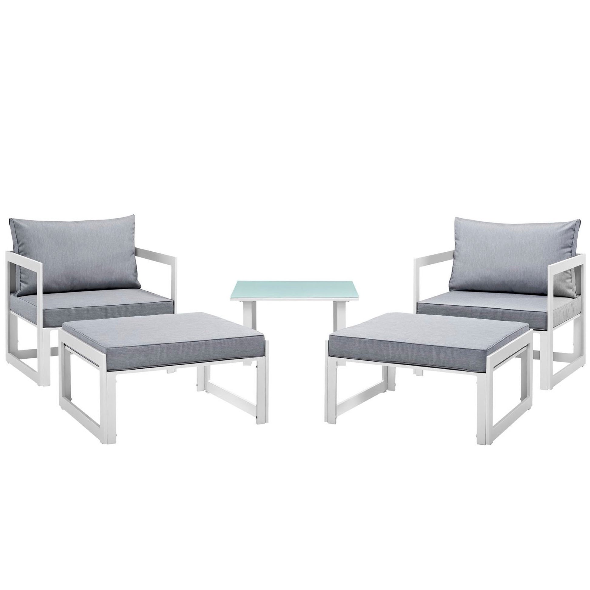 White metal outdoor patio sectional sofa set with light gray cushions and a pale blue glass-top table.