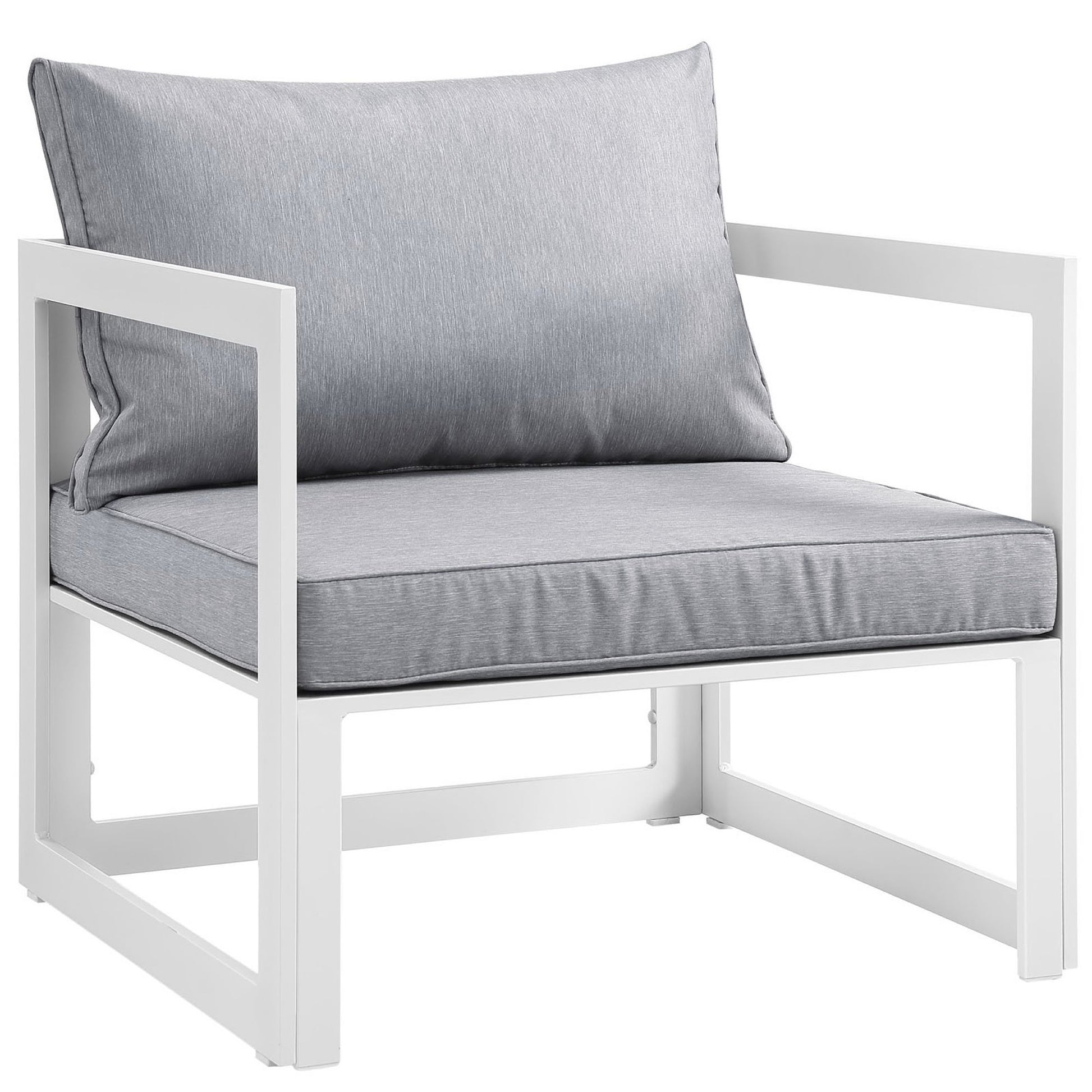 White frame outdoor sectional sofa set with light gray cushions; square arms, modern patio seating.