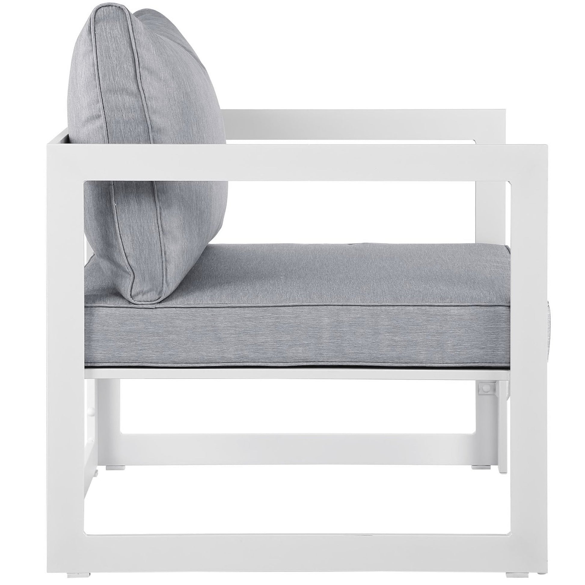 White square-frame outdoor patio sectional sofa set (5-piece) with light gray cushions.