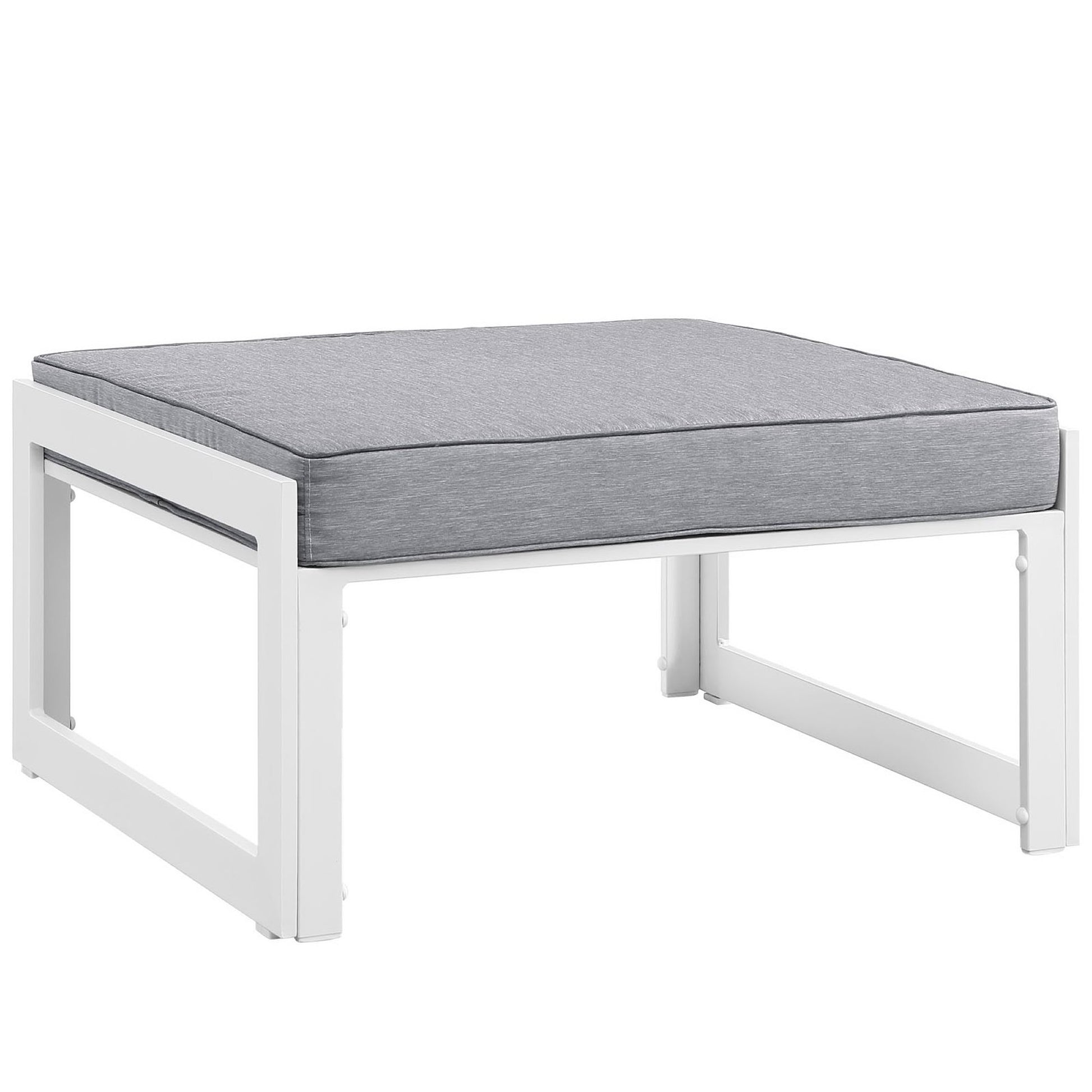White-framed outdoor patio sectional sofa set with grey cushions.