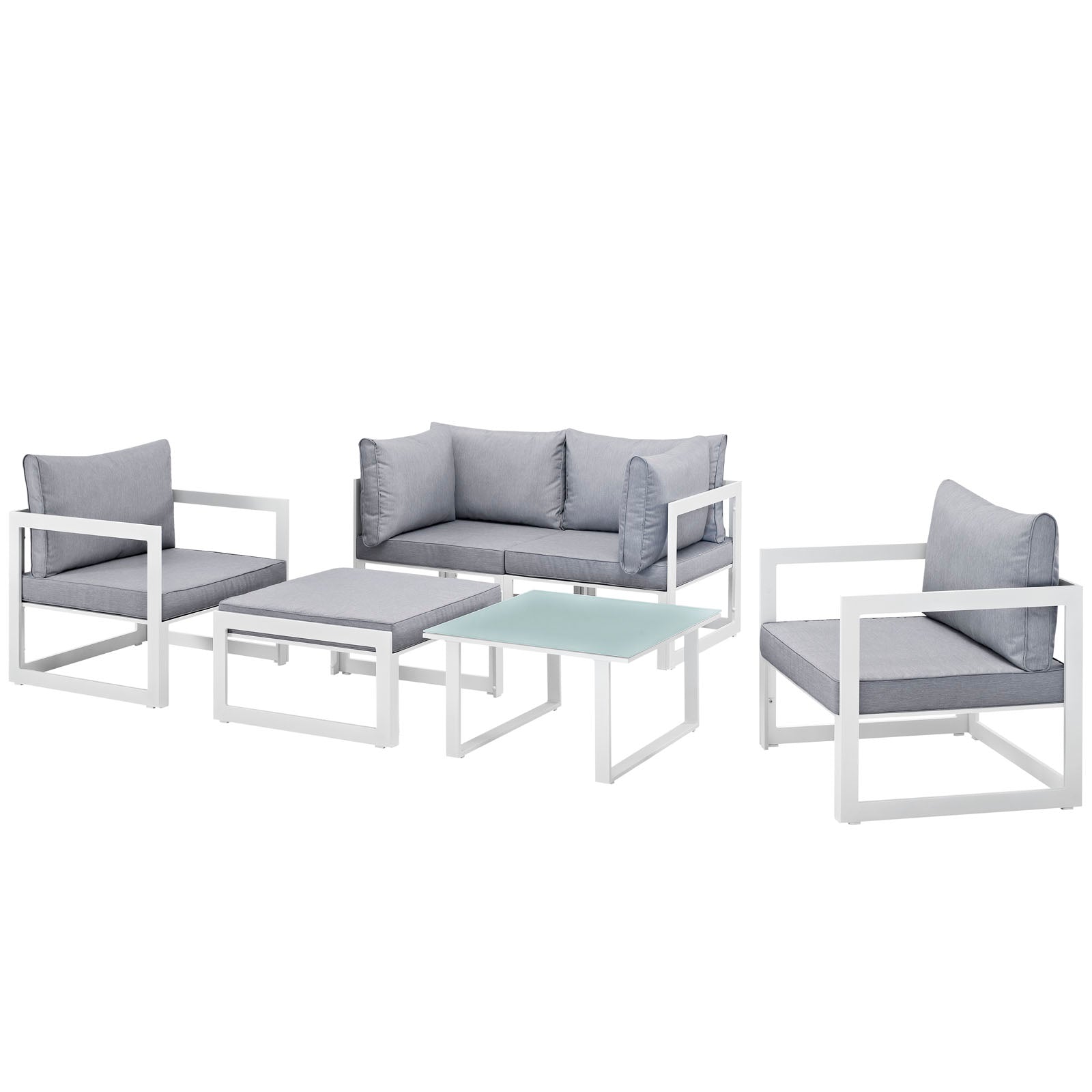 White metal outdoor sofa set with light gray cushions; 2 armchairs, 1 loveseat, and two glass-top tables.