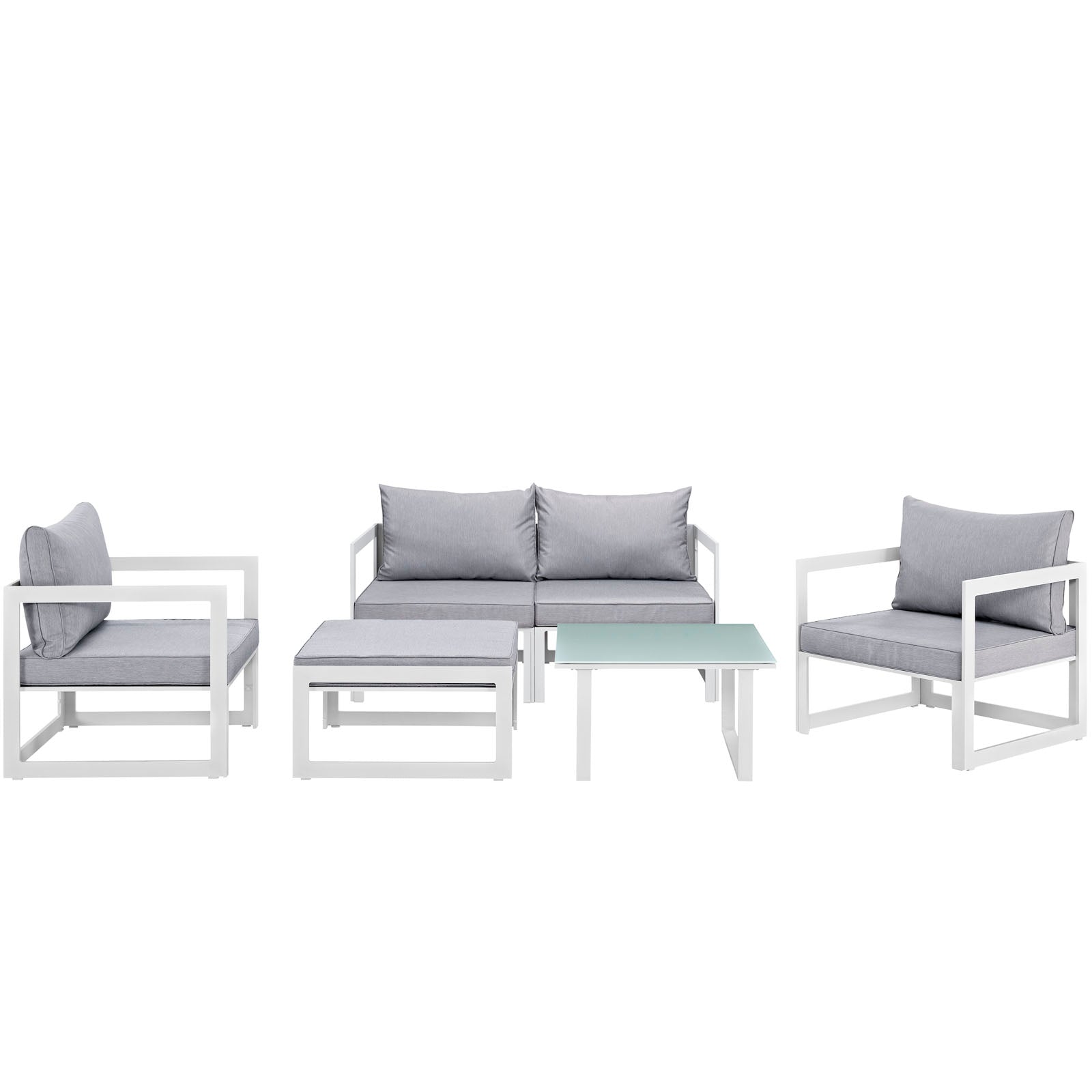 White 6-piece outdoor patio sectional sofa set with gray cushions, featuring modular seating pieces and a glass-top coffee table.