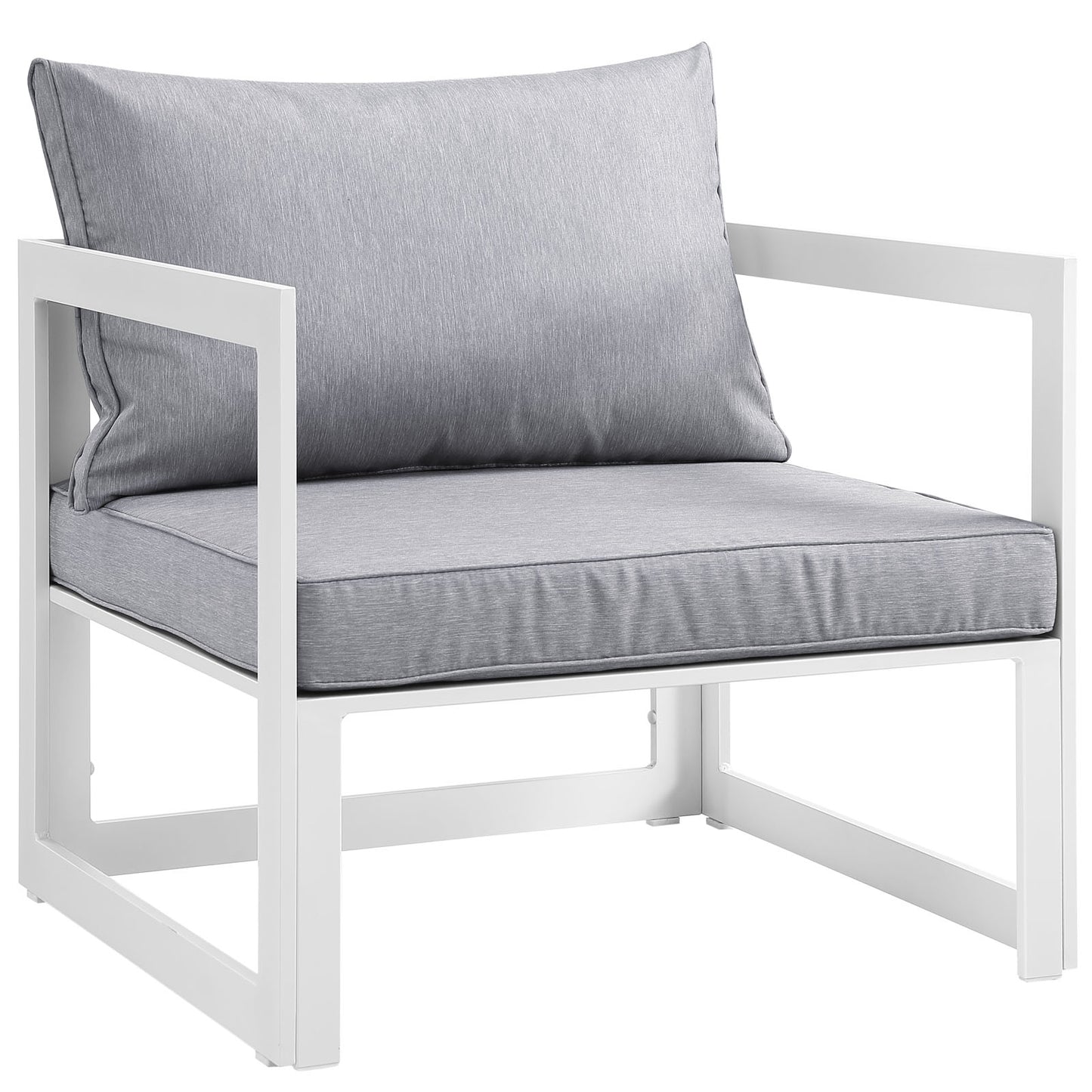 White metal-framed 6-piece outdoor sectional sofa set with light gray cushions.