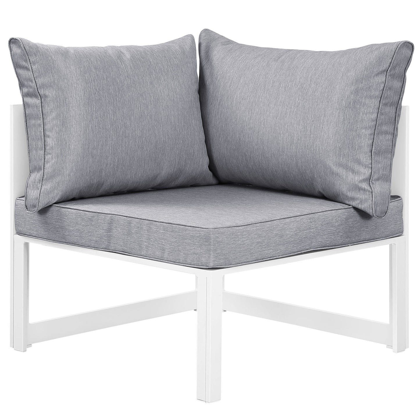 White frame outdoor sectional sofa set with light gray cushions; 6-piece patio furniture.