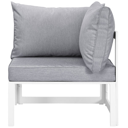 White metal frame outdoor sectional sofa set with grey cushions; rectangular seat/back sections and curved bolsters.