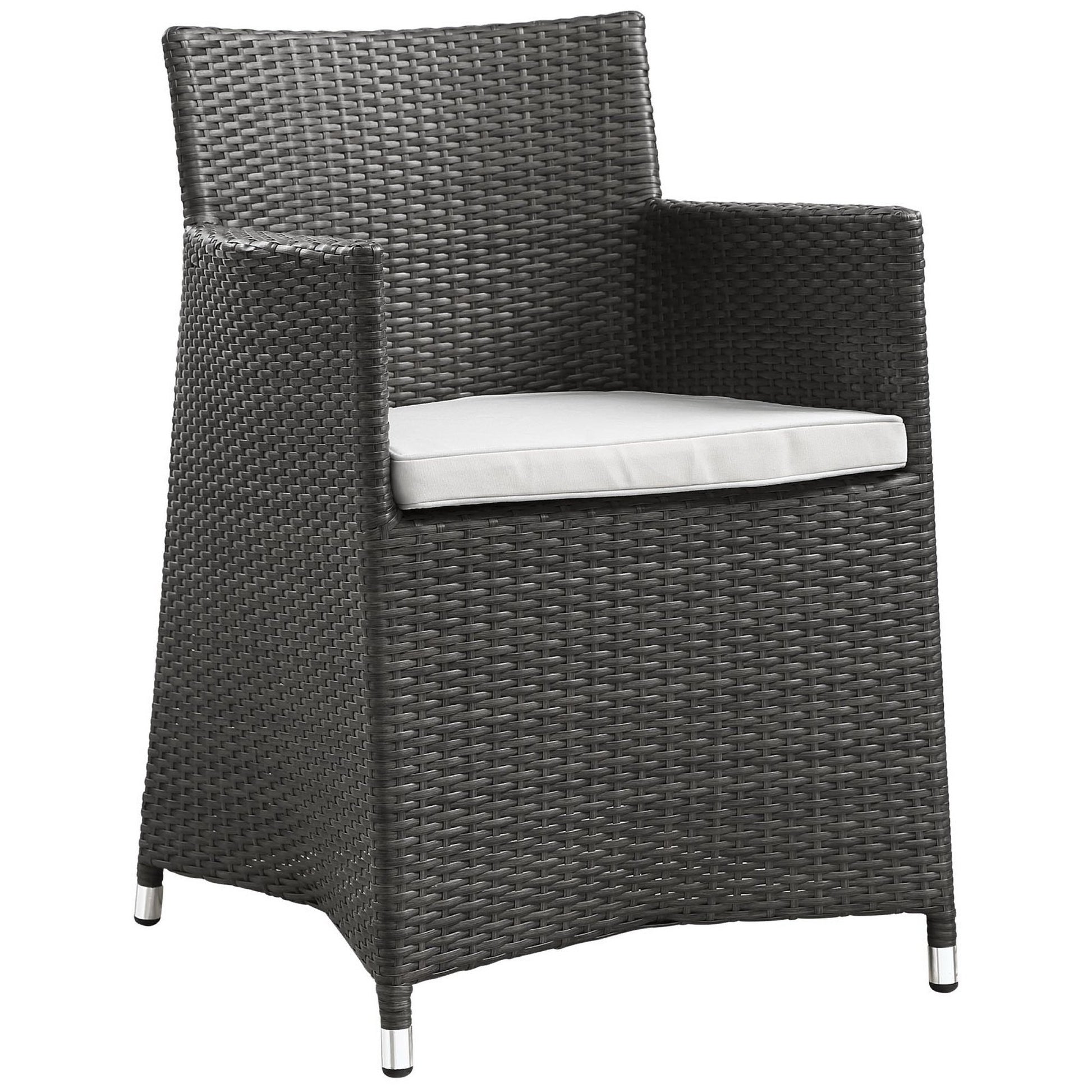 Dark brown wicker patio armchairs with white cushions and metal-tipped feet, set of 2.