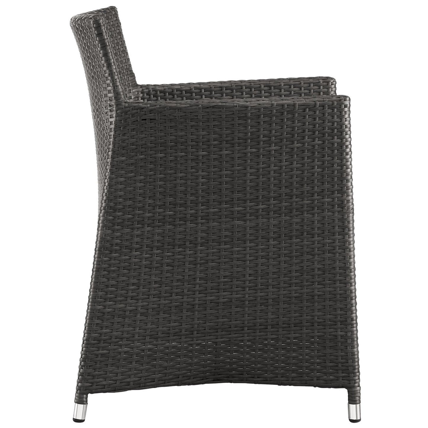 Pair of dark brown synthetic wicker outdoor patio armchairs with armrests and metal feet.
