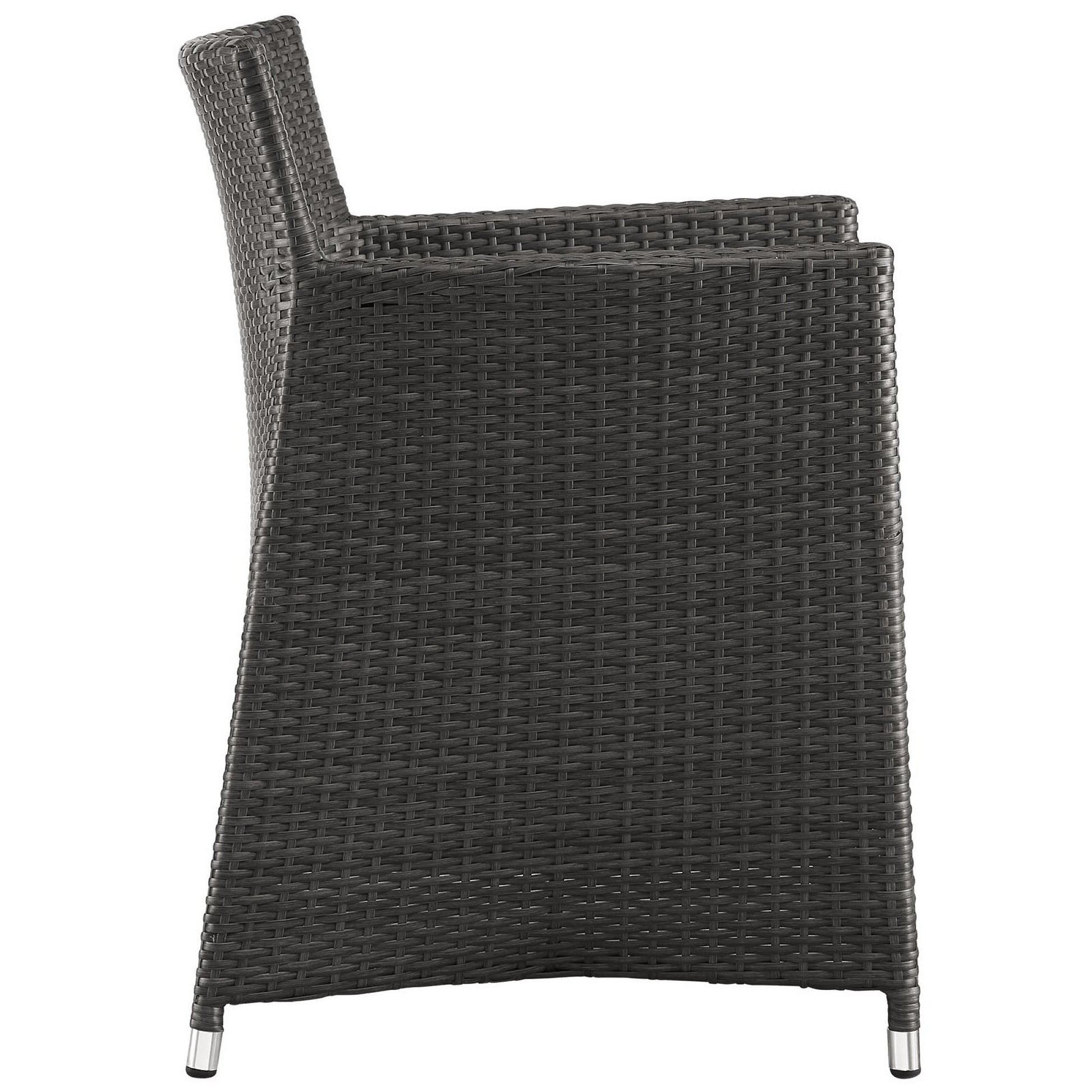 Pair of dark brown synthetic wicker outdoor patio armchairs with armrests and metal feet.