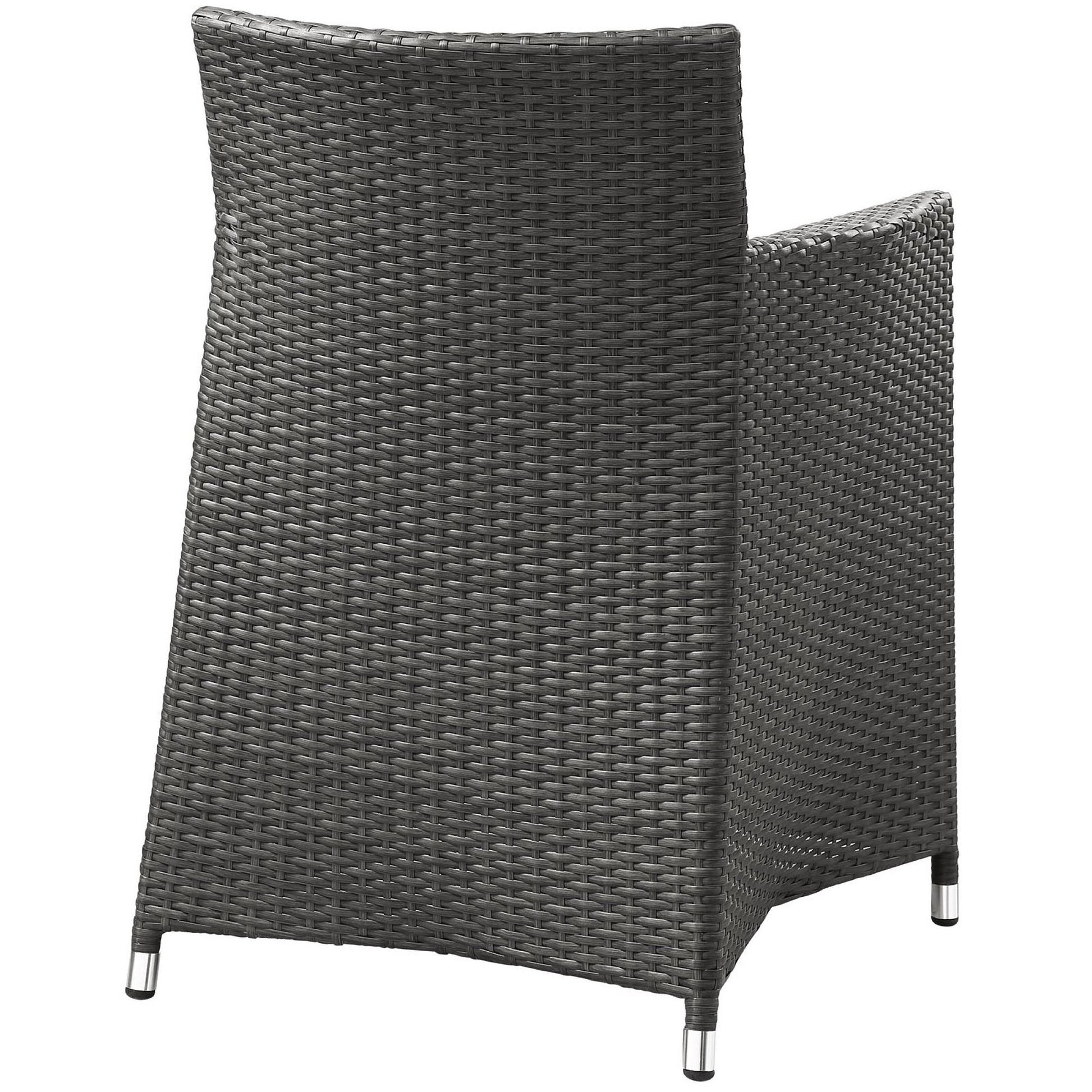 Dark brown woven resin wicker outdoor armchairs with metal feet and high backs; set of 2.