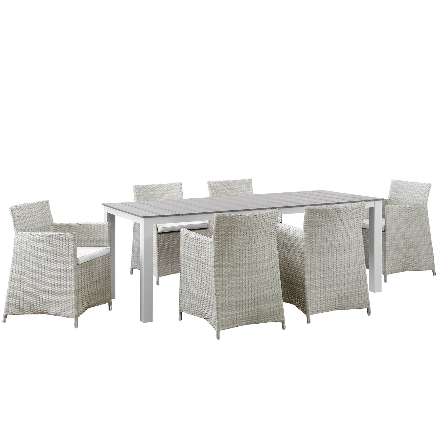 Outdoor dining set: rectangular gray slatted table with white frame, surrounded by light gray wicker chairs with white cushions.