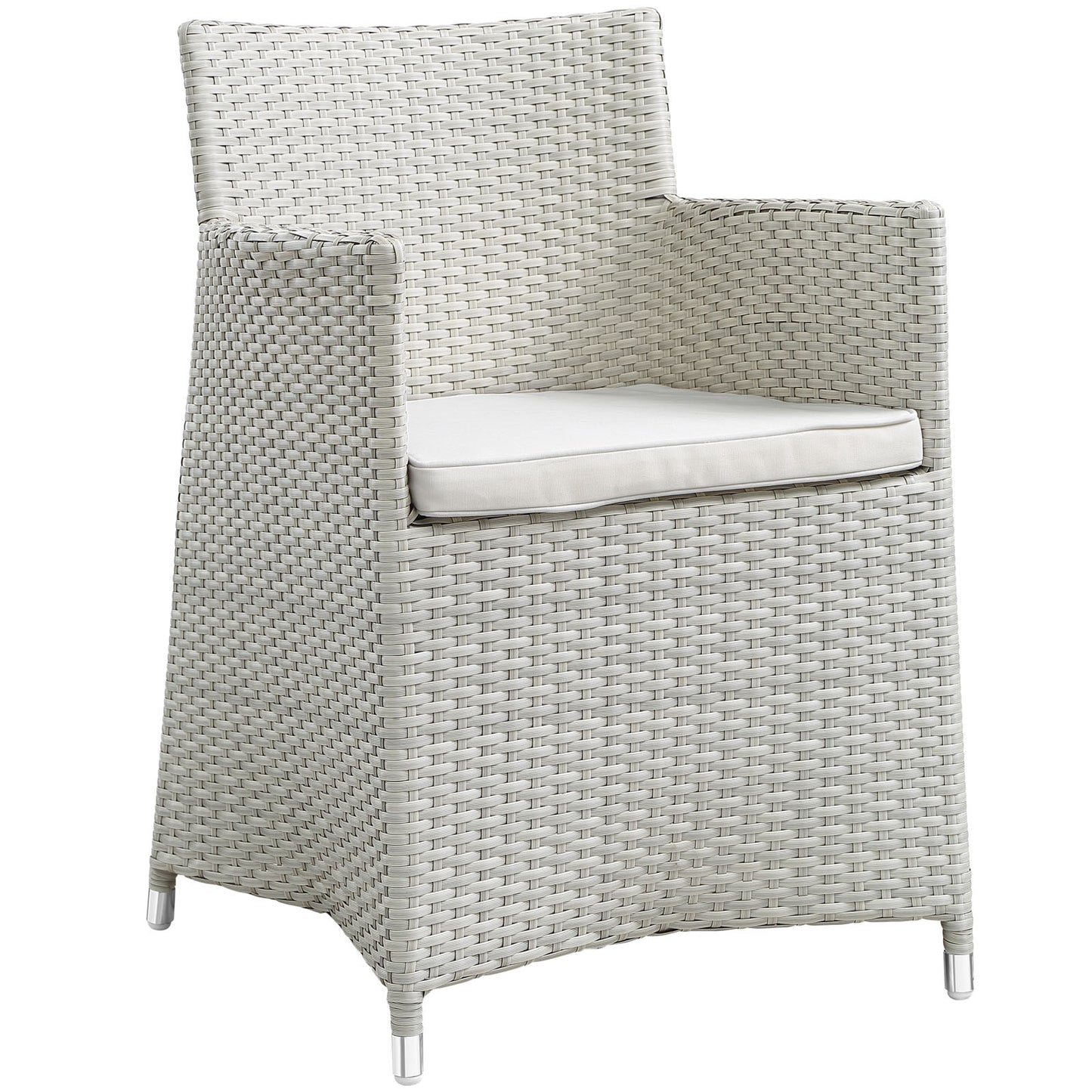 Gray woven synthetic wicker 7-piece outdoor dining set with white cushions and metal feet; modern patio furniture.