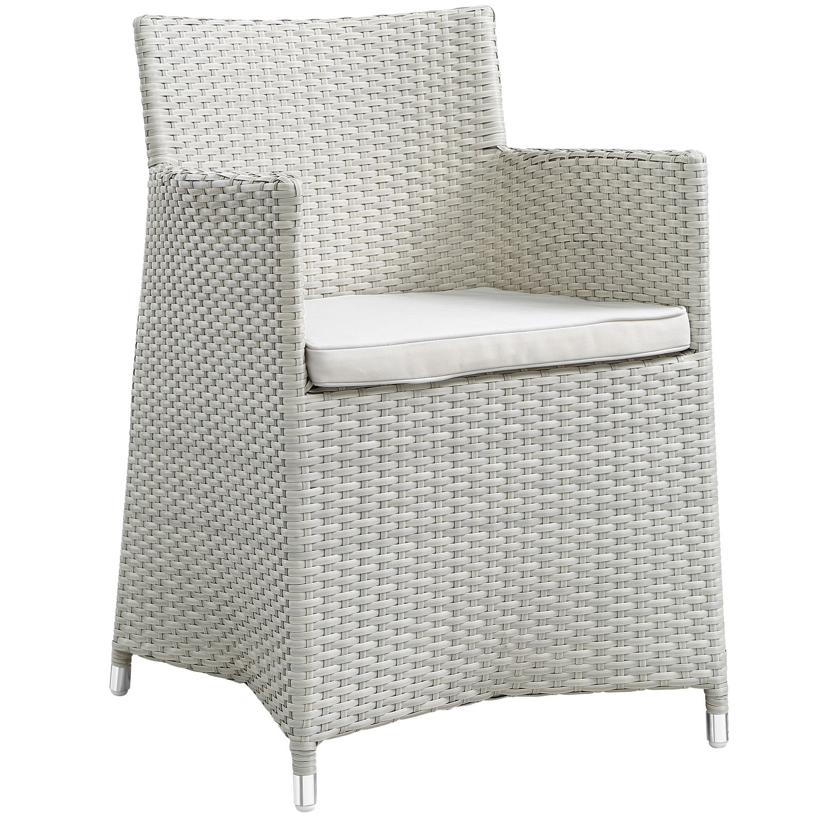 Gray woven synthetic wicker 7-piece outdoor dining set with white cushions and metal feet; modern patio furniture.