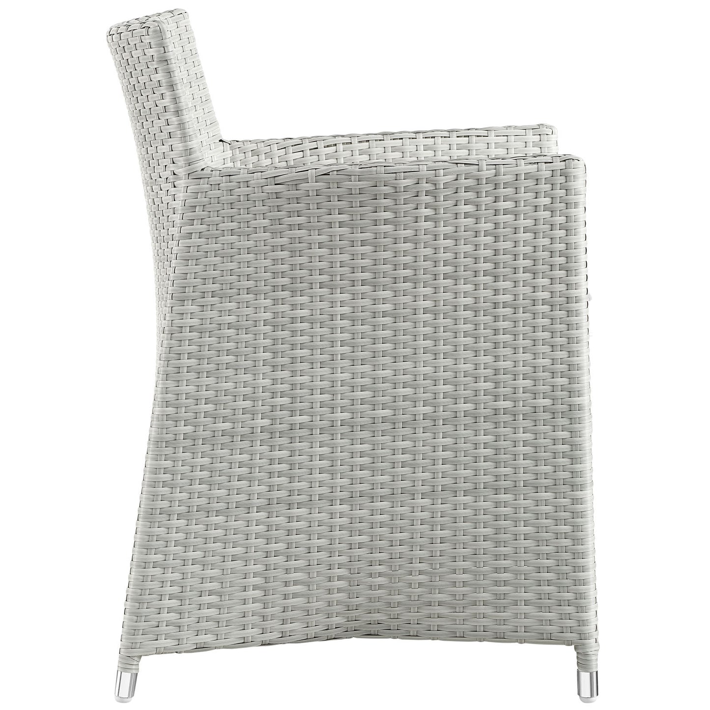 Gray and white woven rattan outdoor 7-piece dining set with metal-framed chairs for patio use