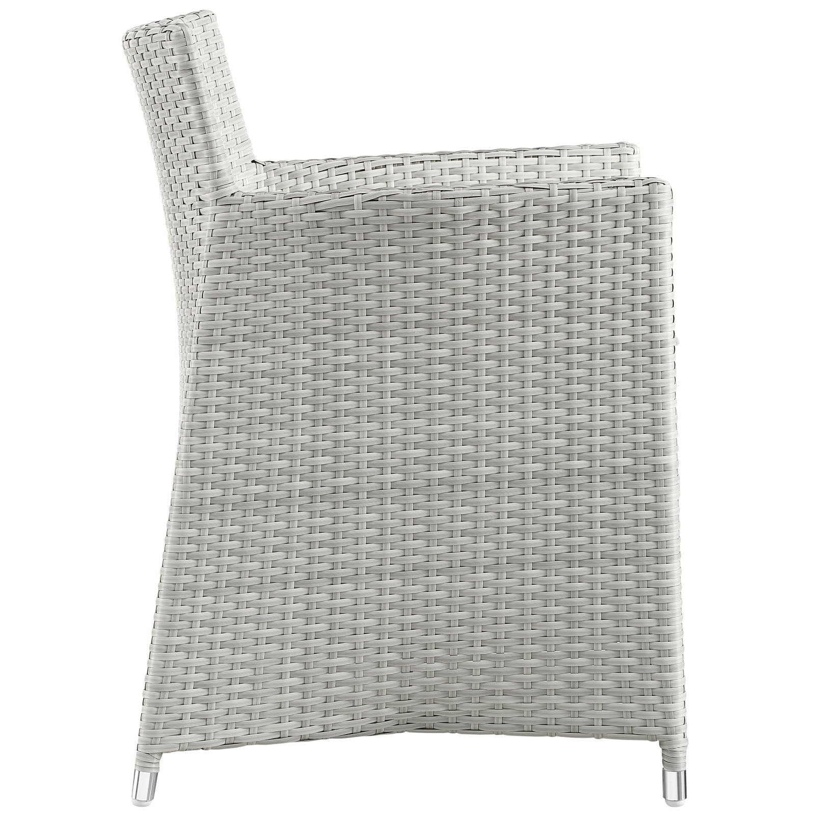 Gray and white woven rattan outdoor 7-piece dining set with metal-framed chairs for patio use