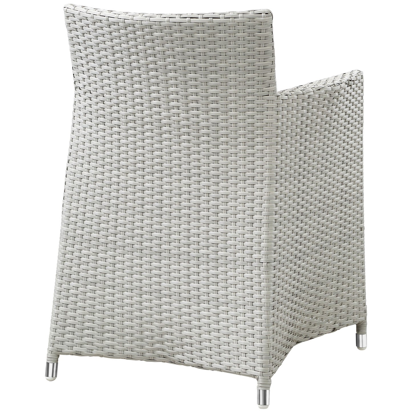 Grey and white synthetic wicker outdoor armchair with tall curved back and metal feet.