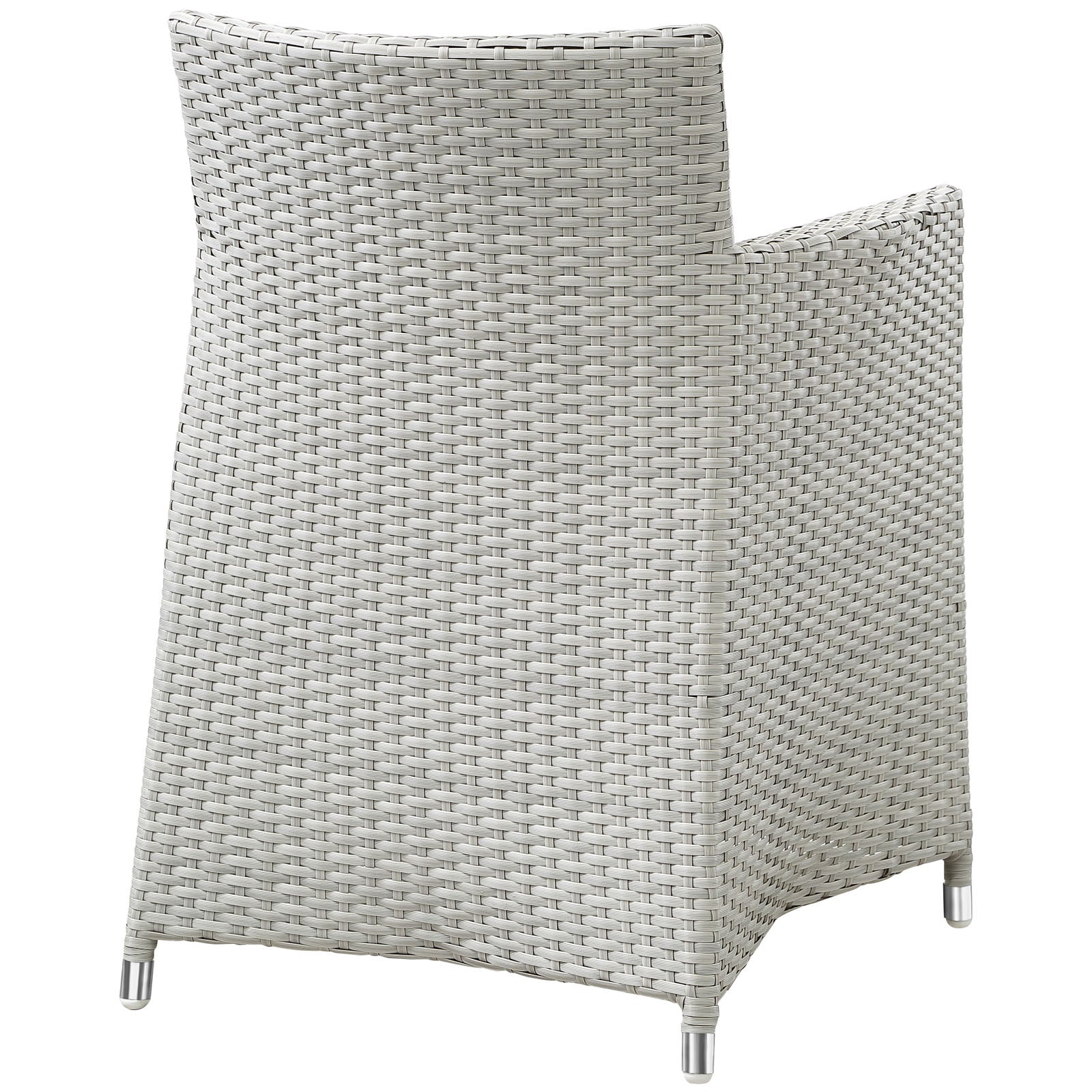Grey and white synthetic wicker outdoor armchair with tall curved back and metal feet.