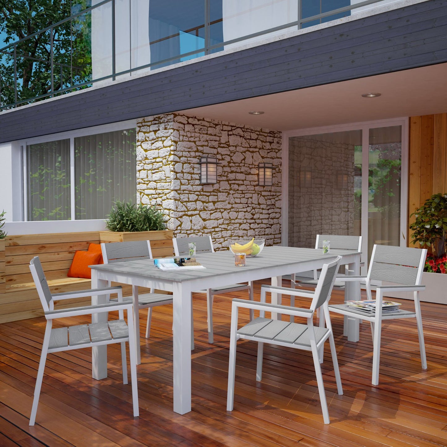 Modway - Maine 7 Piece Outdoor Patio Dining Set by Modway  Outdoor Furniture Bar and Dining Gray - EEI-1751-WHI-LGR-SET