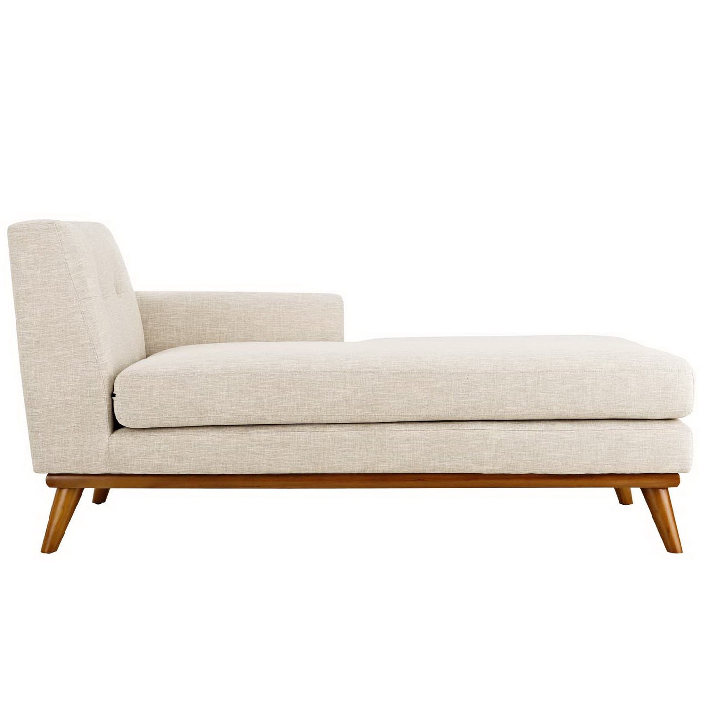 Beige woven fabric chaise sofa with wooden tapered legs, mid-century modern style.