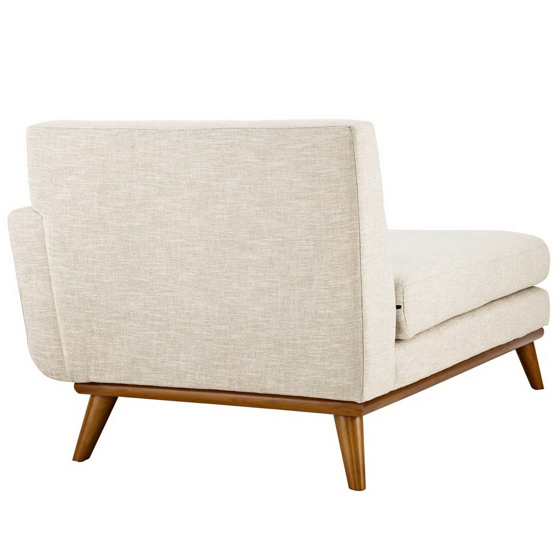 Beige textured fabric two-seat mid-century sofa with angled wooden legs.