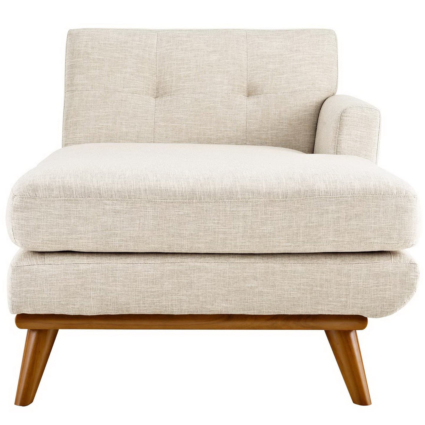 Beige fabric mid-century lounge chair with tufted back, thick seat cushion and angled wooden legs.