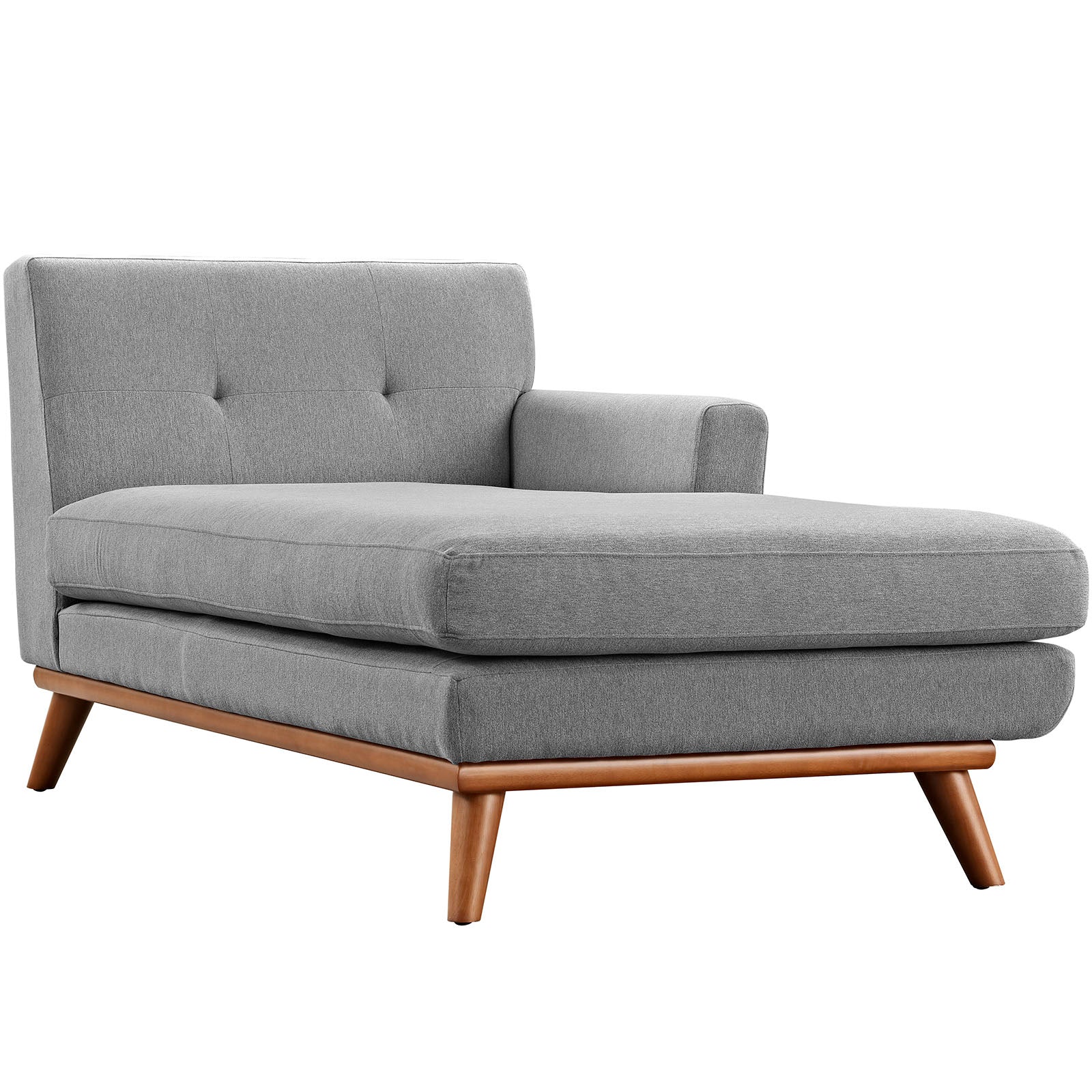Grey fabric mid-century chaise lounge with tufted back, single right arm, thick cushions, tapered wooden legs.