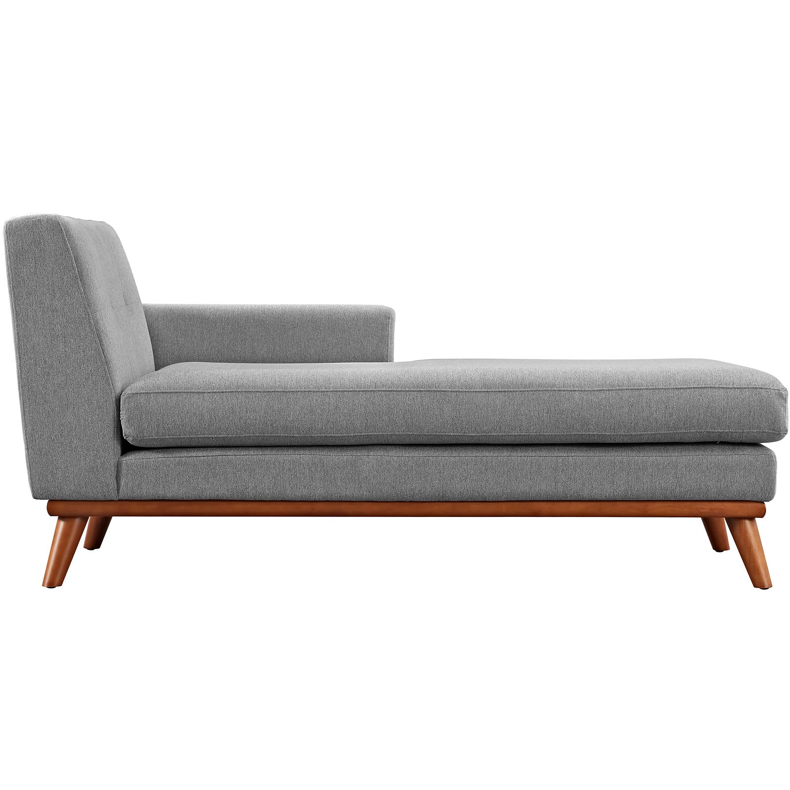 Gray fabric chaise lounge with mid-century wooden legs and low backrest, ideal for living room lounging.