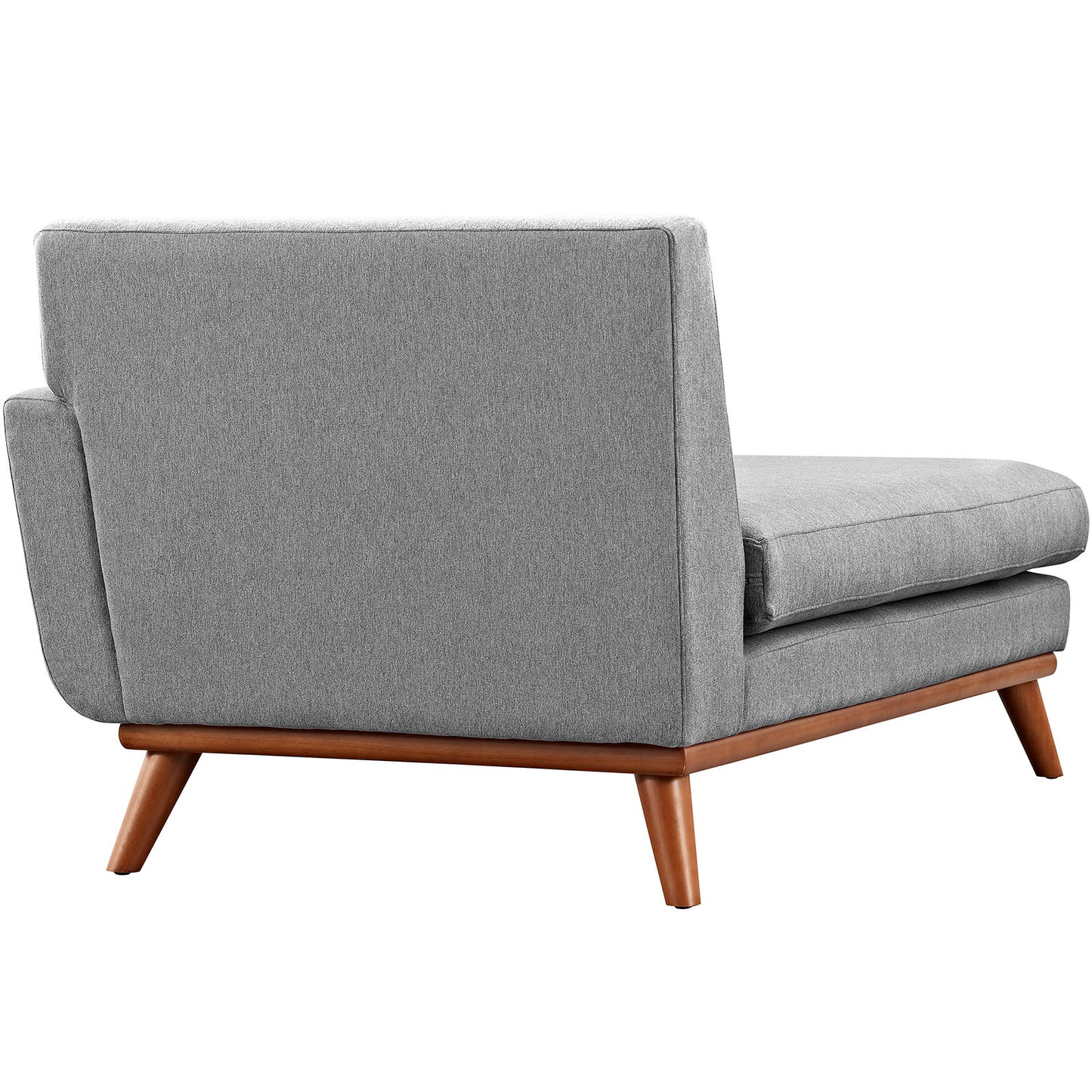 Gray fabric right-facing upholstered chaise with rectangular cushions and tapered wooden legs.