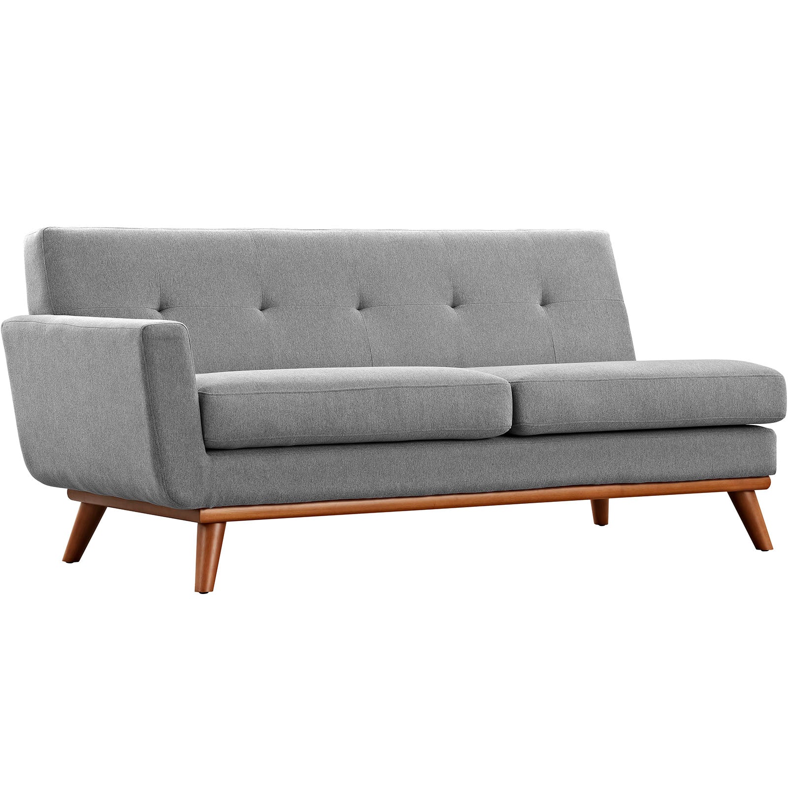 Gray mid-century fabric loveseat with tufted back, two seat cushions, and angled walnut legs.