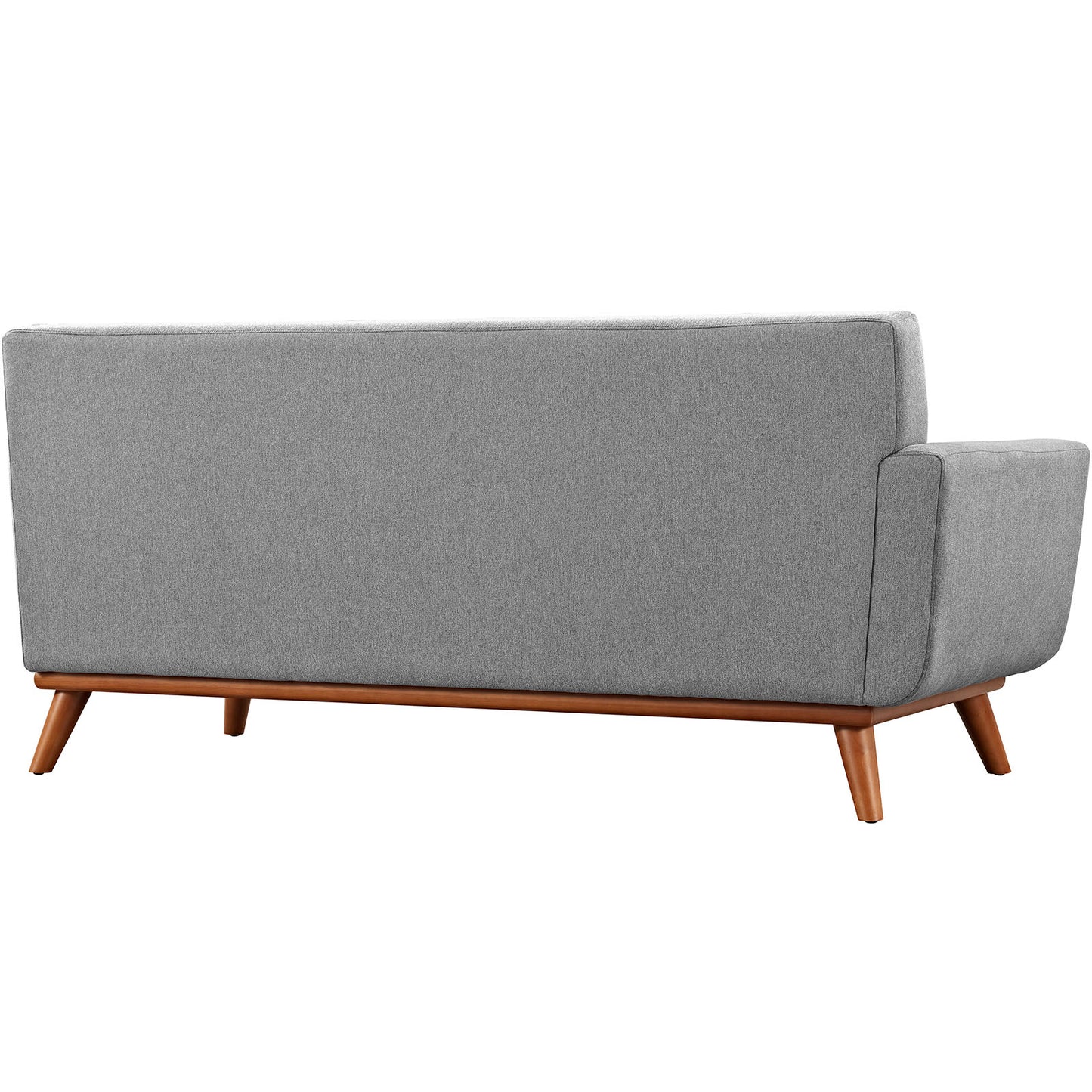 Gray upholstered fabric loveseat with a left-arm design and tapered wooden legs in a mid-century modern style.
