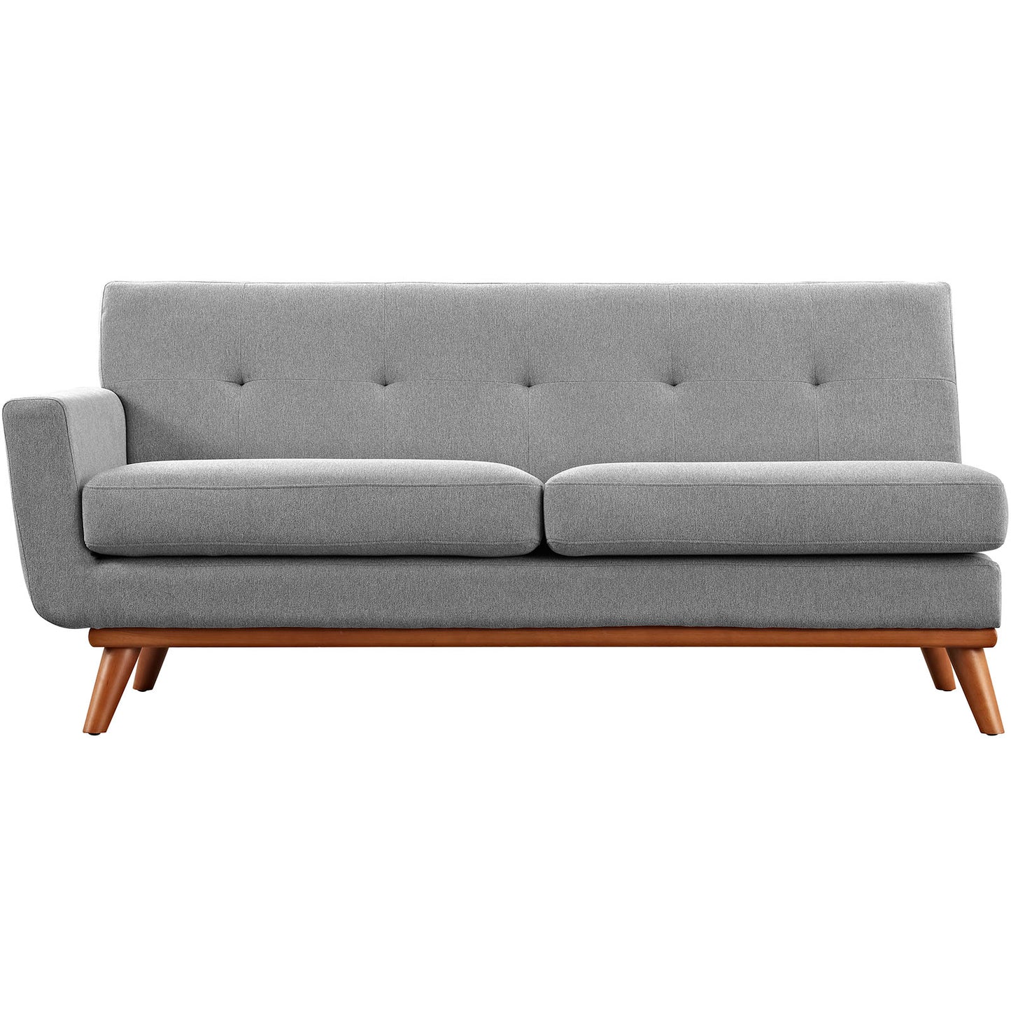 Gray fabric loveseat, mid-century style with tufted back, two seat cushions, left arm, and tapered wooden legs.