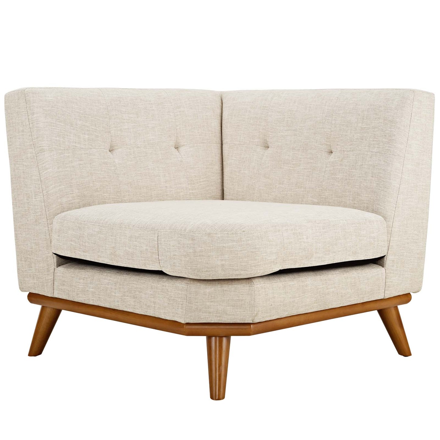 Beige upholstered corner chair with curved back, tufted back cushions, round seat and wooden tapered legs.
