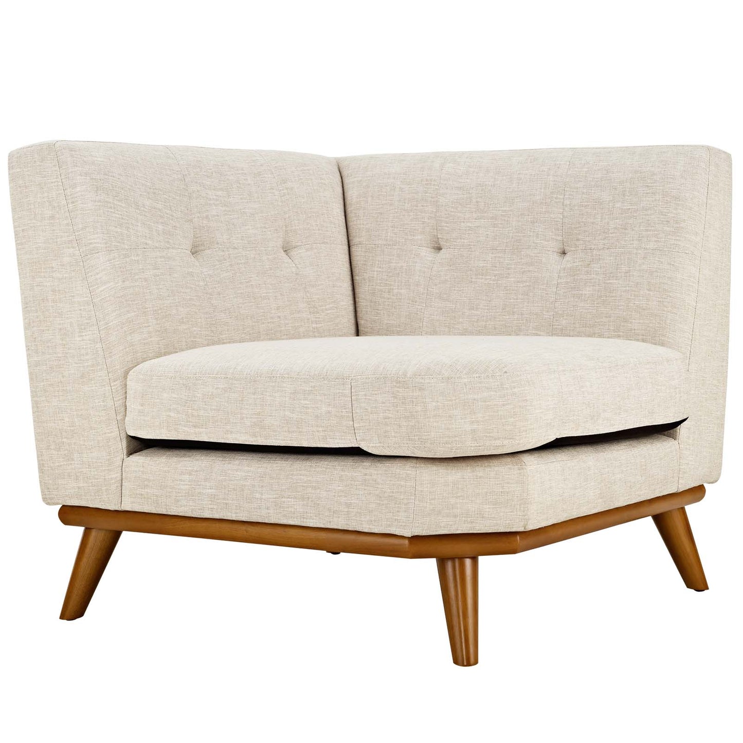 Beige textured fabric corner chair with rounded arms and angled wooden legs.