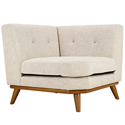 Beige textured fabric corner chair with rounded arms and angled wooden legs.
