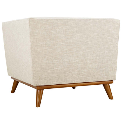 Beige linen-look upholstered fabric corner chair with a boxy back and tapered wooden legs, mid-century style.