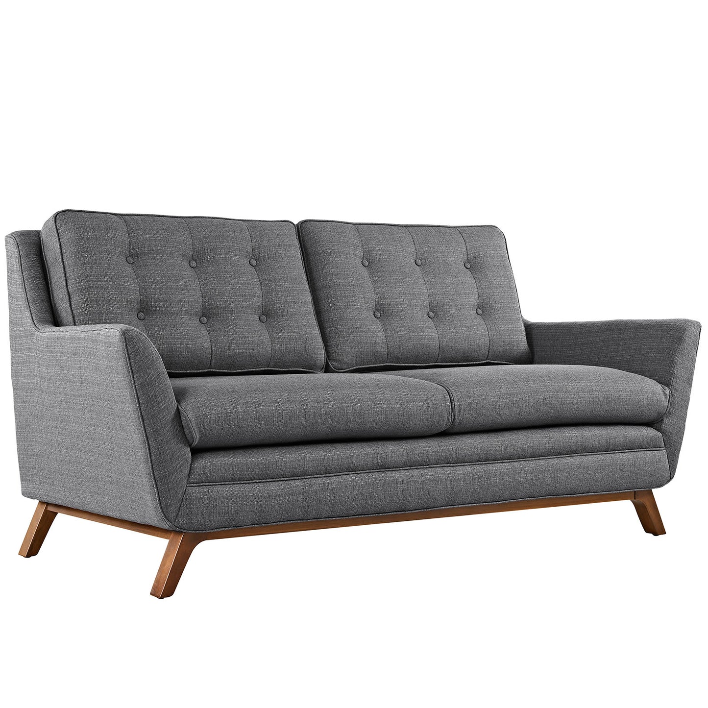 Gray mid-century modern loveseat with tufted back cushions, two-seat cushions, and angled wooden legs.