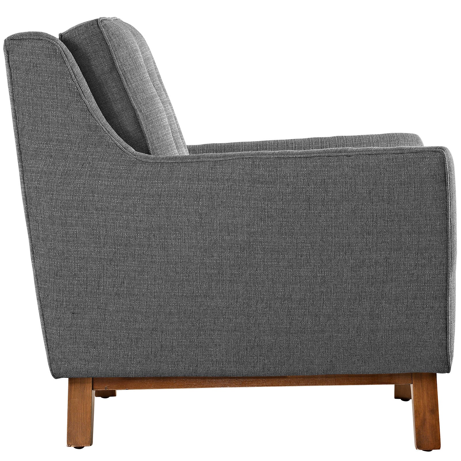 Gray fabric upholstered loveseat with wooden legs, cushioned back and seat, mid-century modern style.